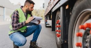 Man inspecting tire on a semi truck.