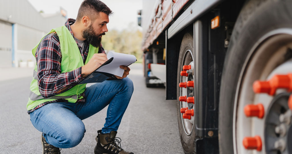 Man inspecting tire on a semi truck.